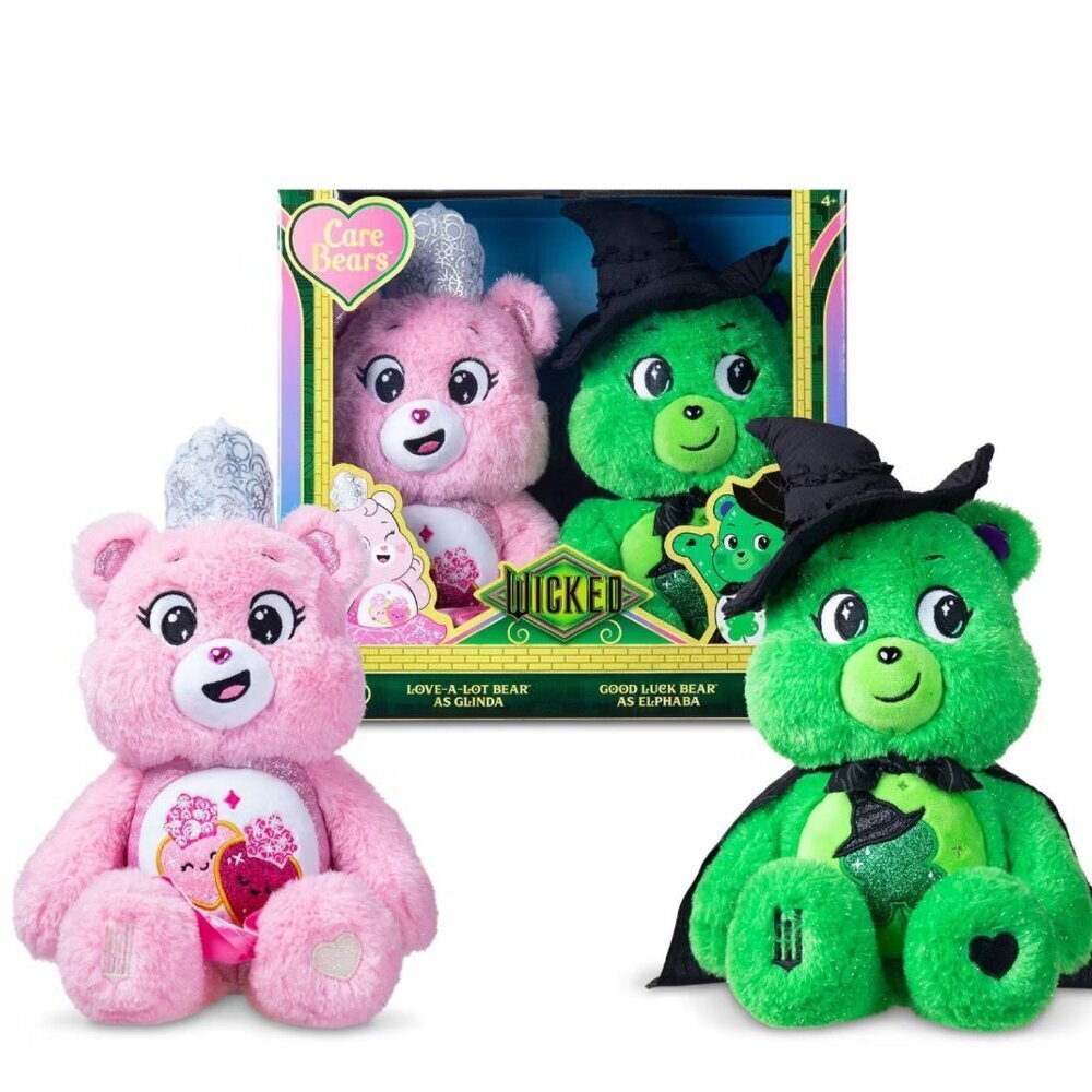 WICKED x CARE BEARS Glinda & Elphaba / Love-a-Lot and Good Luck Bears, NIB